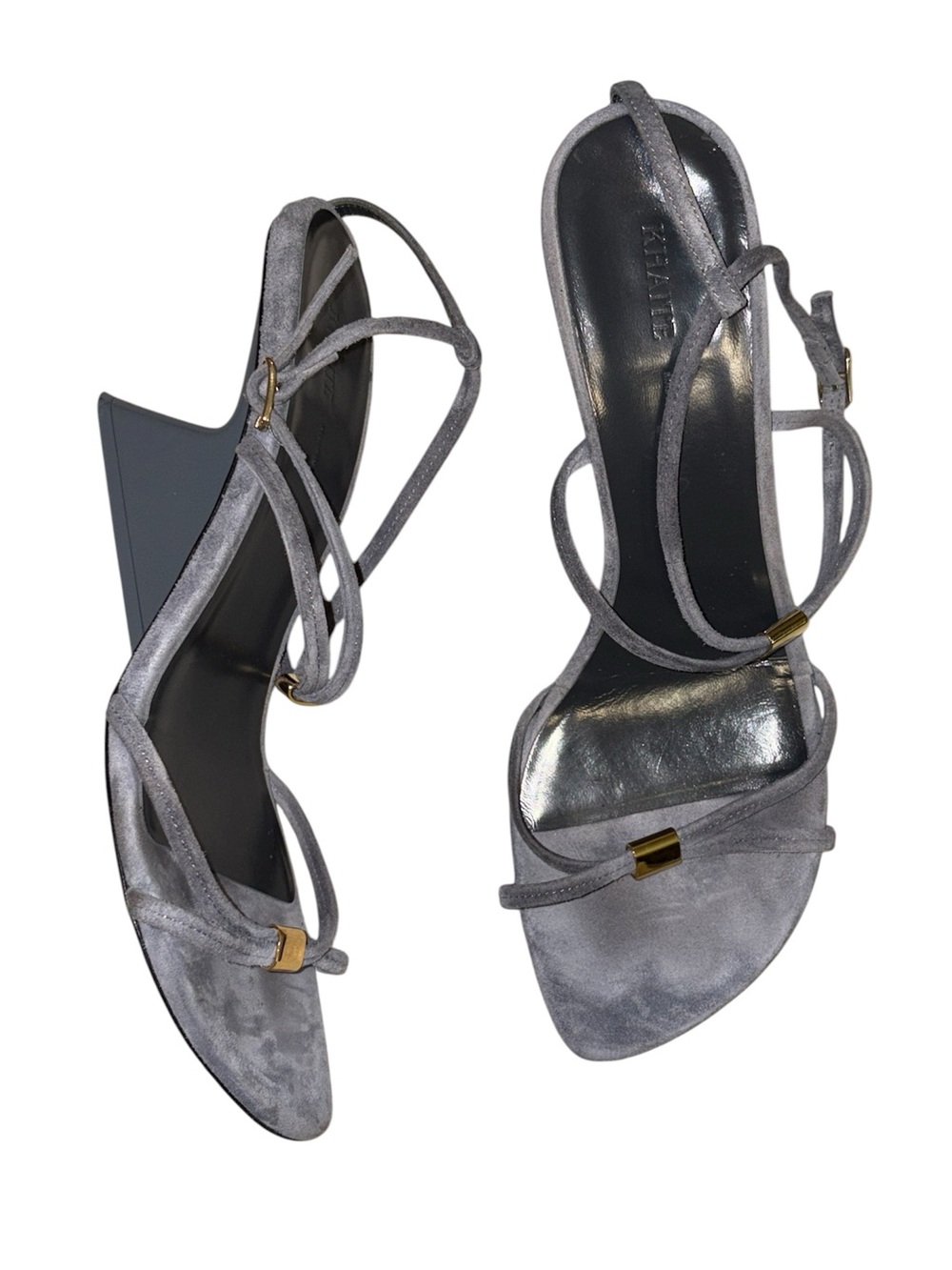 Khaite Seneca Suede Crisscross Wedge Sandals Grey Slate Strappy Size 37 US 7 - Picture 3 of 9